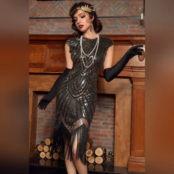1920s Great Gatsby Flapper Plus Size Sequin Fringe Cap Sleeve Dress Vintage 2X - Picture 4 of 15
